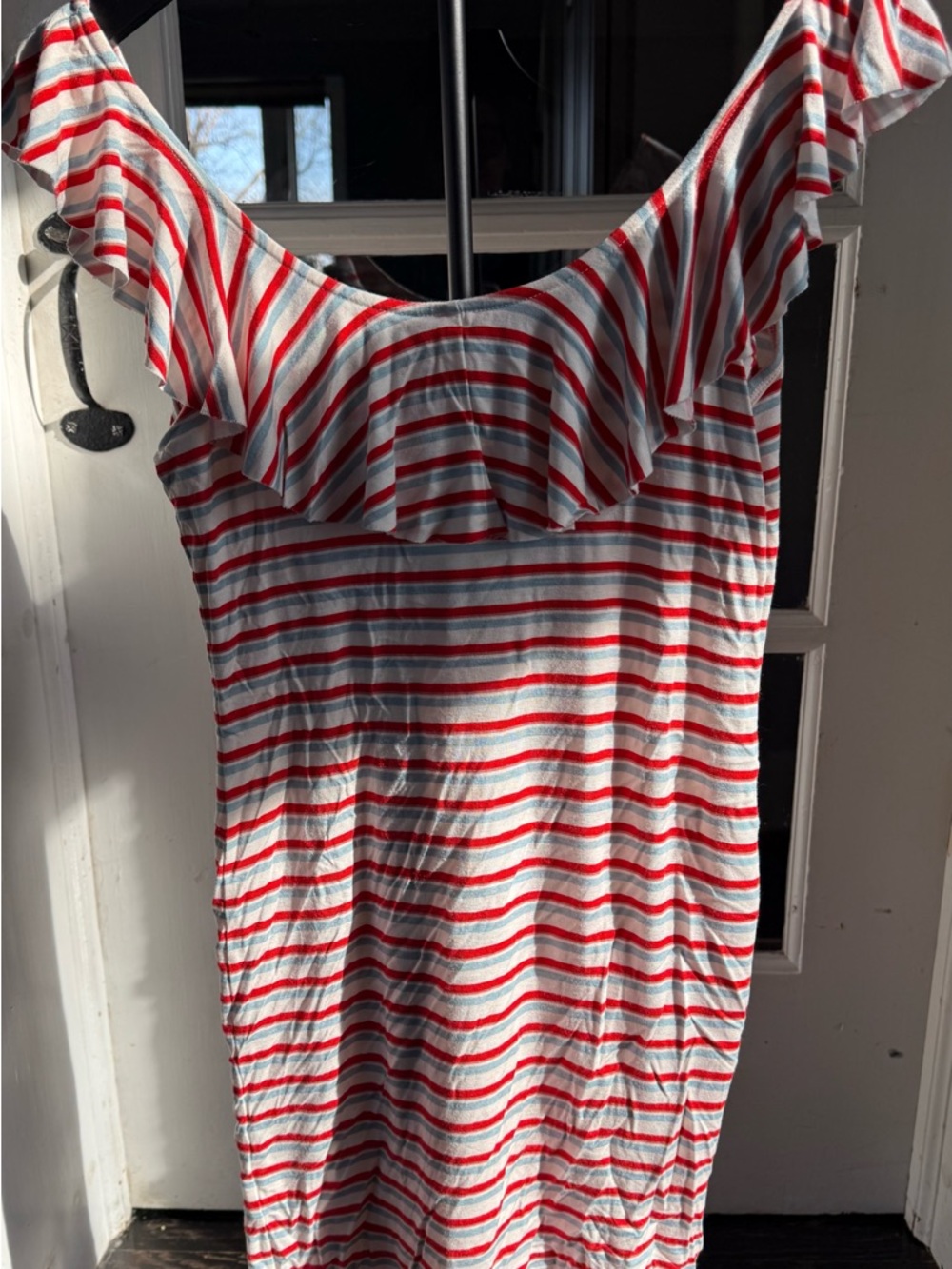 Billabong Red and White Striped Ruffle Mini Dress